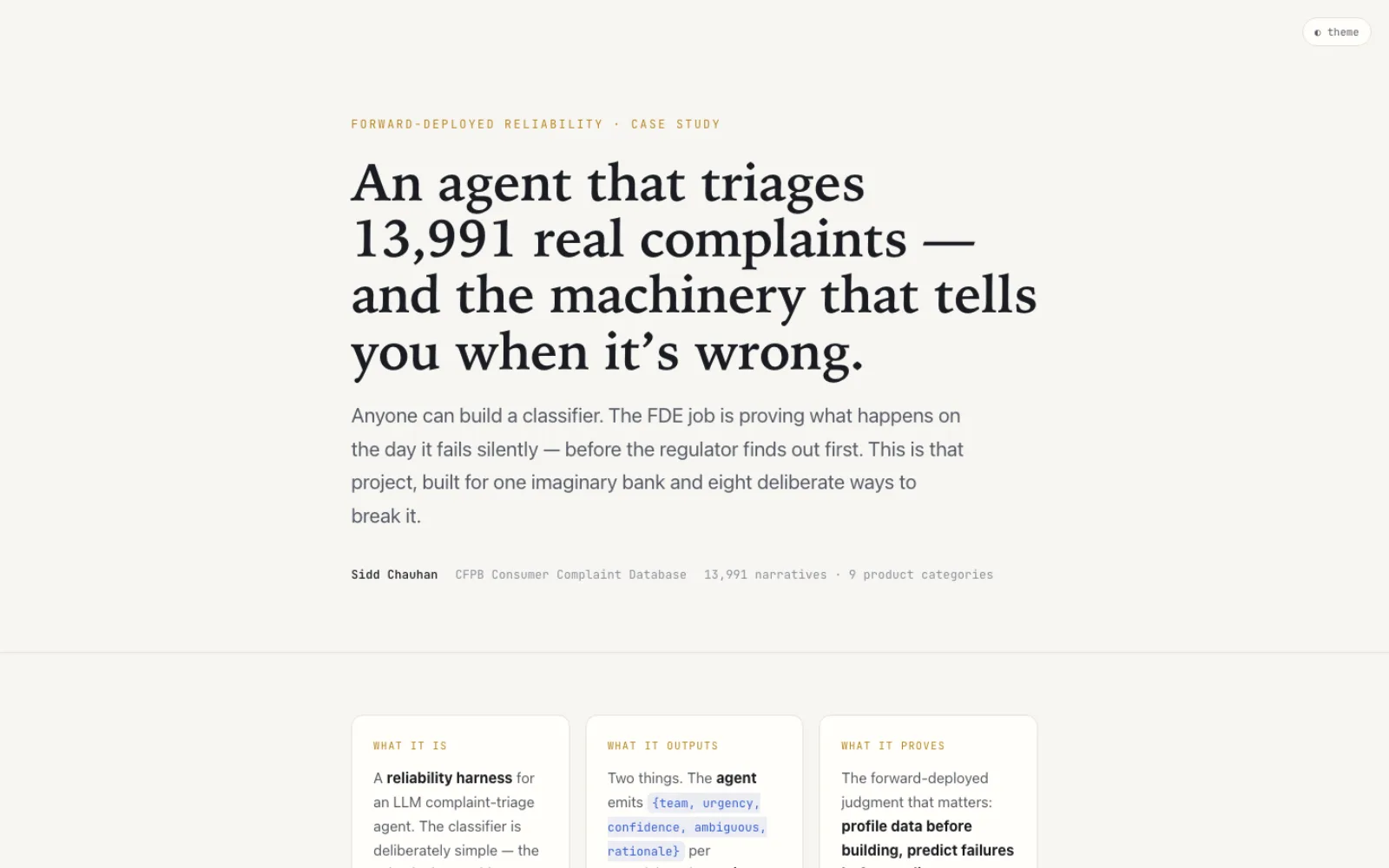 Complaint Triage Harness case study interface