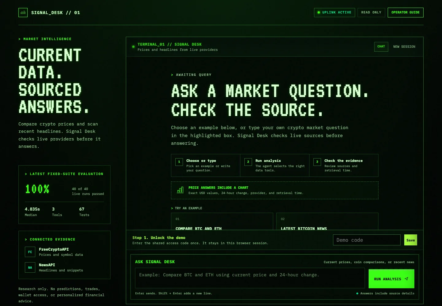 Signal Desk crypto research agent interface